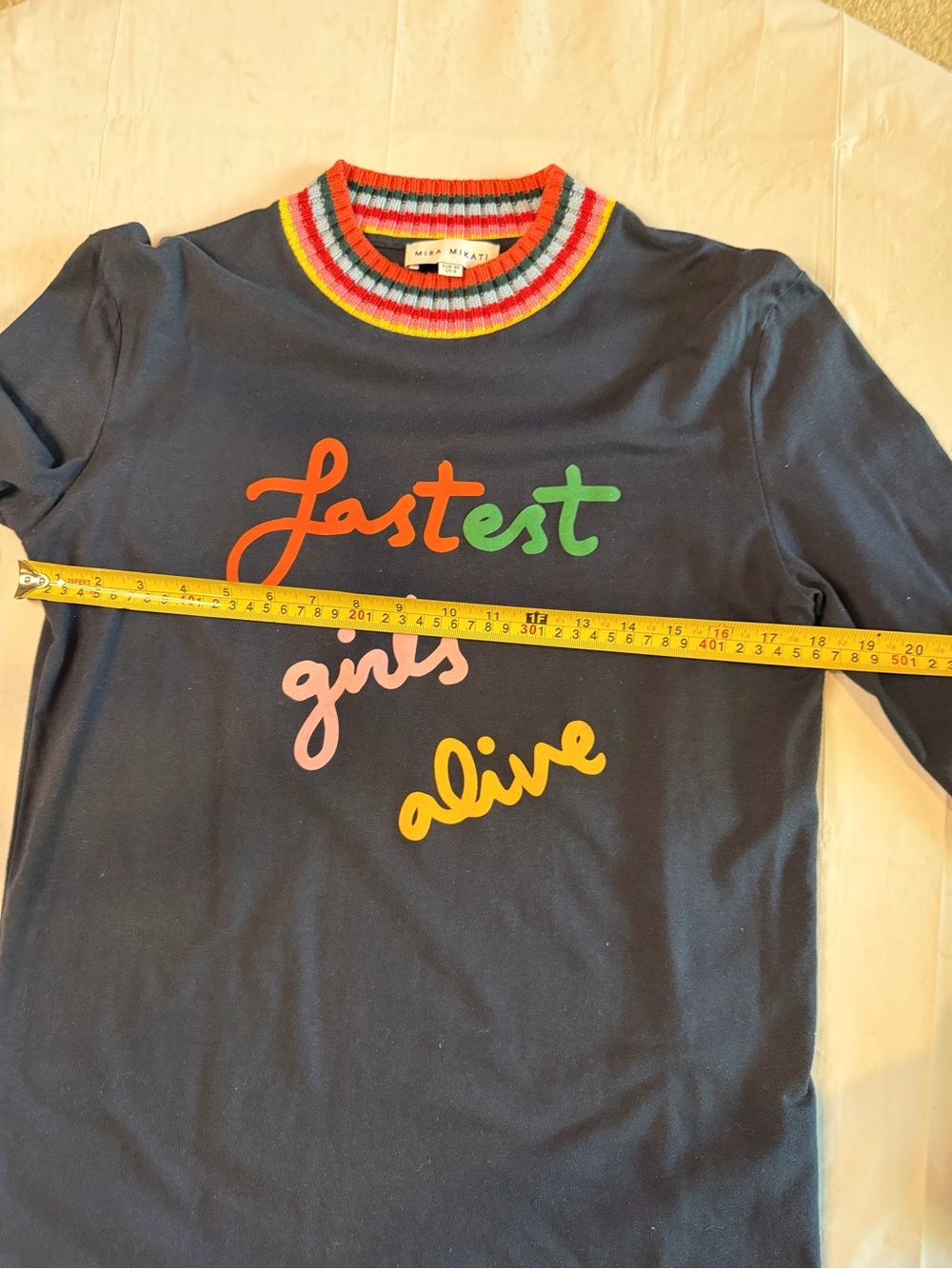 Mira Mikati Fastest Girls Alive Navy Rainbow Trim Long Sleeve Top US 8 EU 40 - Picture 4 of 6